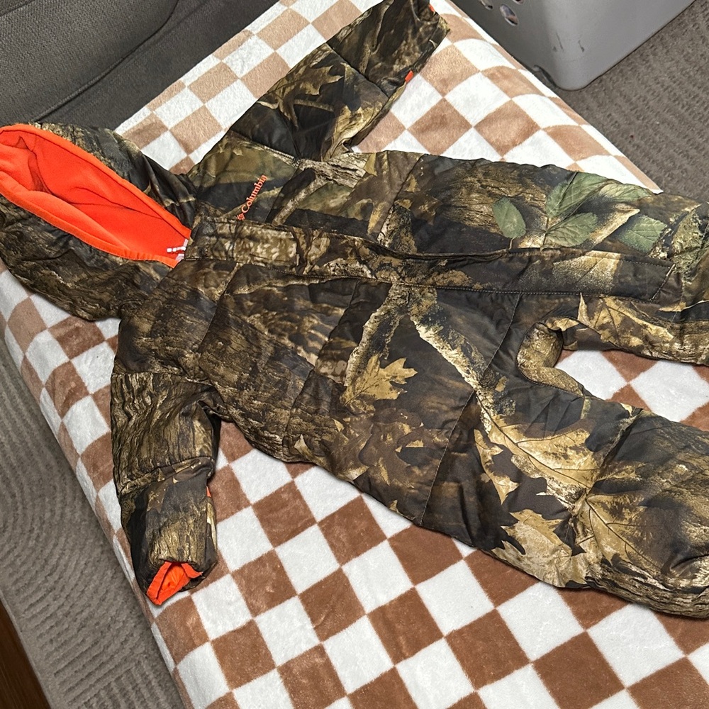 Columbia Camouflage Snowsuit with Bright Orange Interior